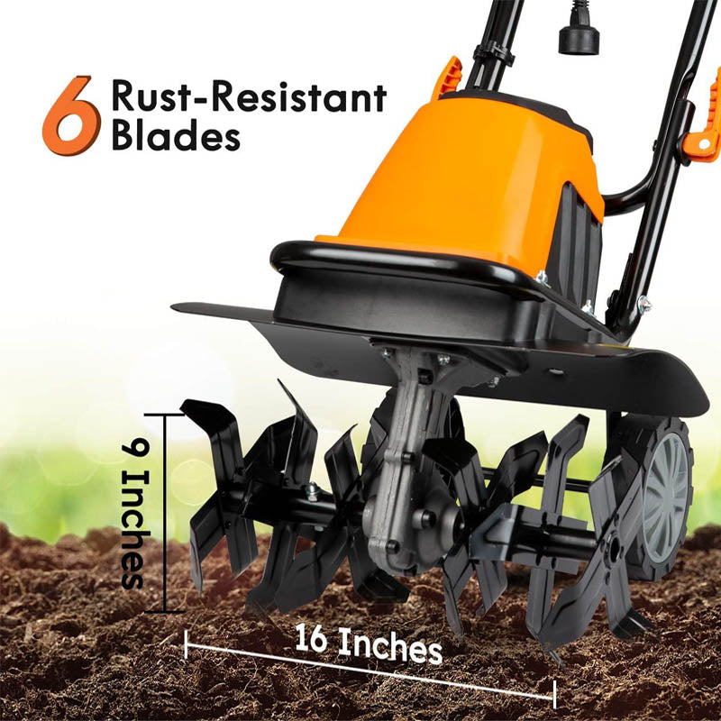 BowLift | Cultivators 10 Amp Electric Tiller 16-Inch 6 Steel Blades Adjustable Transit Wheel for Garden Lawn Soil Digging