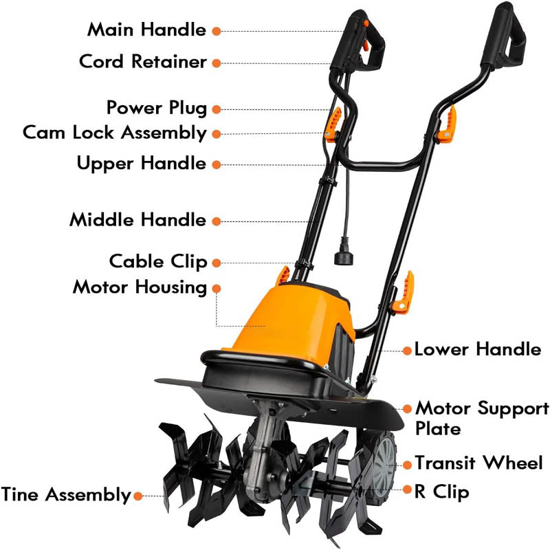 BowLift | Cultivators 10 Amp Electric Tiller 16-Inch 6 Steel Blades Adjustable Transit Wheel for Garden Lawn Soil Digging