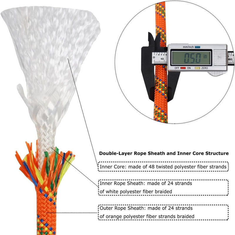 BowLift | 1/2 Inch x 50 Feet Double Braid Rope High Strength Climbing Rope for Adults & Kids Tree Work Halyard Sailing(Orange)