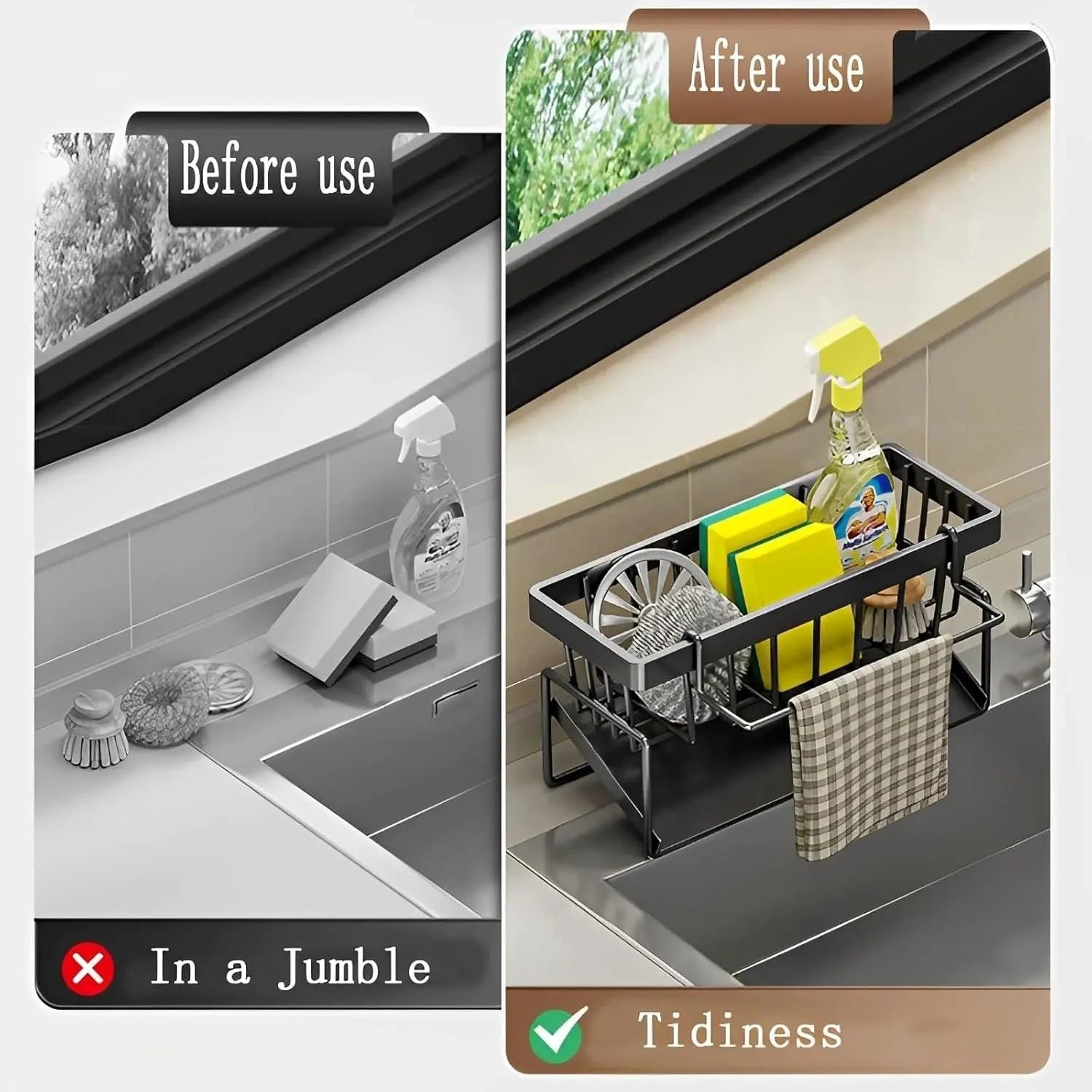 BowLift | Stainless Steel Sink Organizer – With Towel Holder & Drain for Clean Order