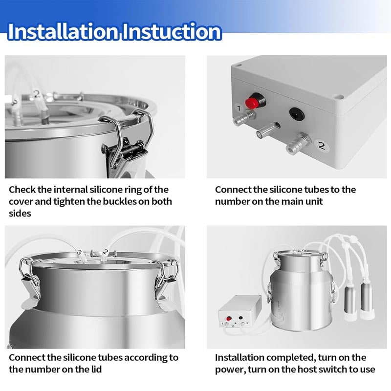 BowLift | 14L Electric Cow Milking Machine 304 Stainless Steel Bucket Portable Plug-in Pulsating Vacuum Pump