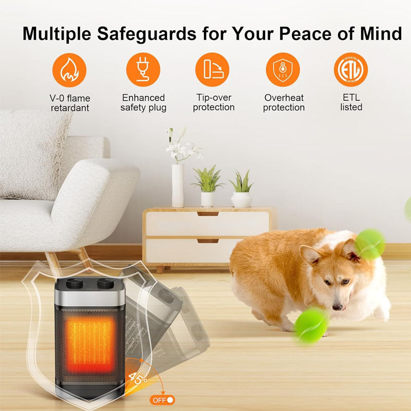 BowLift | 1500W Portable Electric Space Heater 2-Level Adjustable Quiet Ceramic Heater Fan 60°Oscillating Electric Heater for Bedroom Office Indoor Use