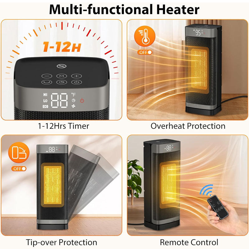 BowLift | 16 inch Electric Space Heaters with Thermostat Remote Control 60°Oscillating 4 Modes 12h Timer