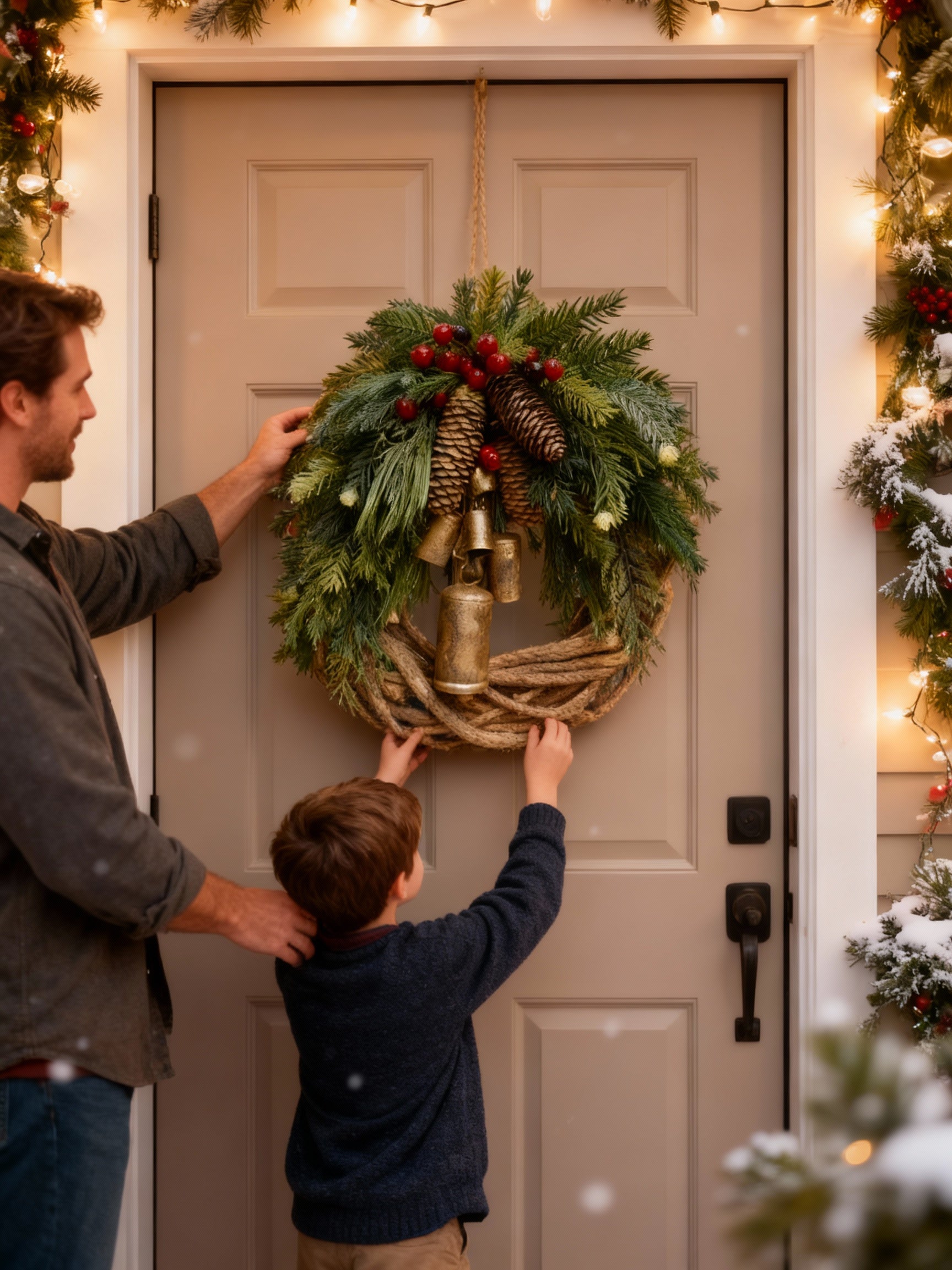 BowLift | Handmade Bohemian Winter Wreath | Bells, Pinecones & Berries | 43 cm | Indoor/Outdoor
