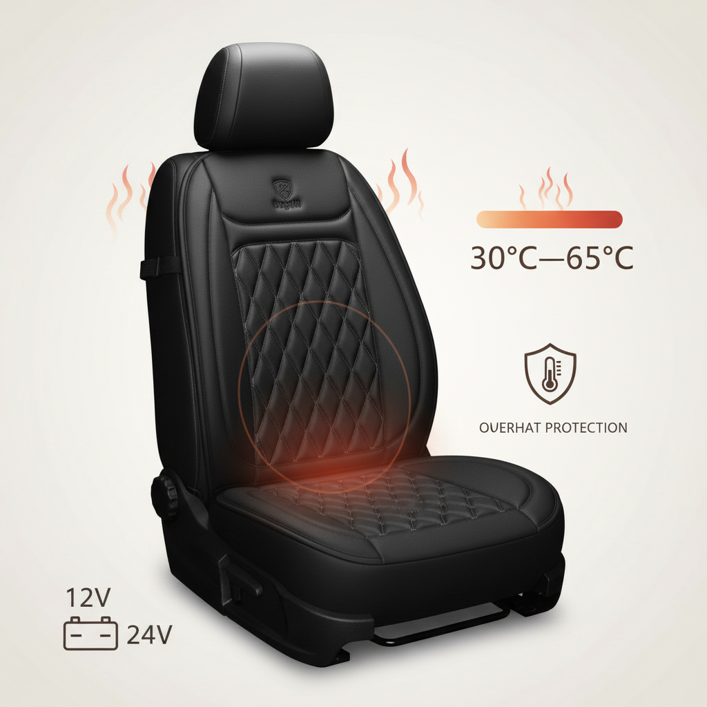 BowLift | Heated Car Seat Cover | 30°C–65°C Digital Temperature Regulation | 12V/24V Dual-Voltage Input | Integrated Overheat Protection Circuitry | Reinforced High-Density Cotton Textile