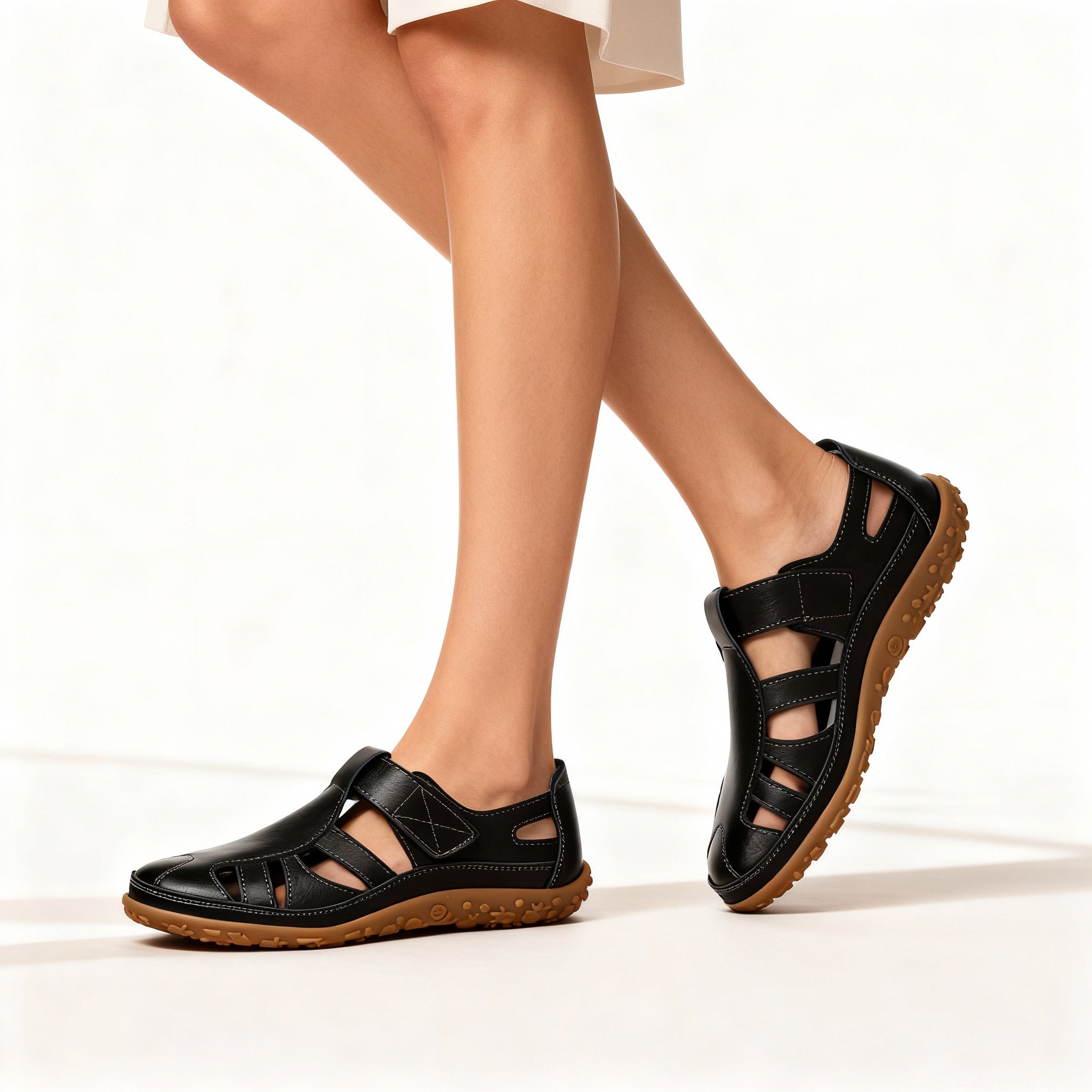 BowLift | Orthopedic Retro Sandals | Split Leather Anti-Slip Flats | Anatomical Arch Support | Shock-Absorbing Rubber Outsole | Diabetic-Friendly Wide Toe Box | Slip-On Ergonomic Footwear