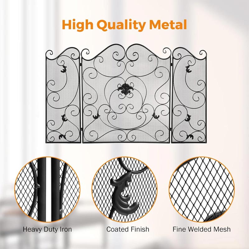 BowLift | Wrought Iron Floor-Standing Fireplace Tri-Fold Screen, Fence Home Stove Partition Fire Cover