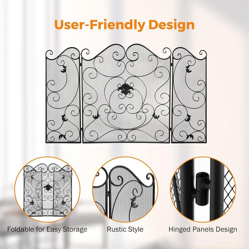BowLift | Wrought Iron Floor-Standing Fireplace Tri-Fold Screen, Fence Home Stove Partition Fire Cover