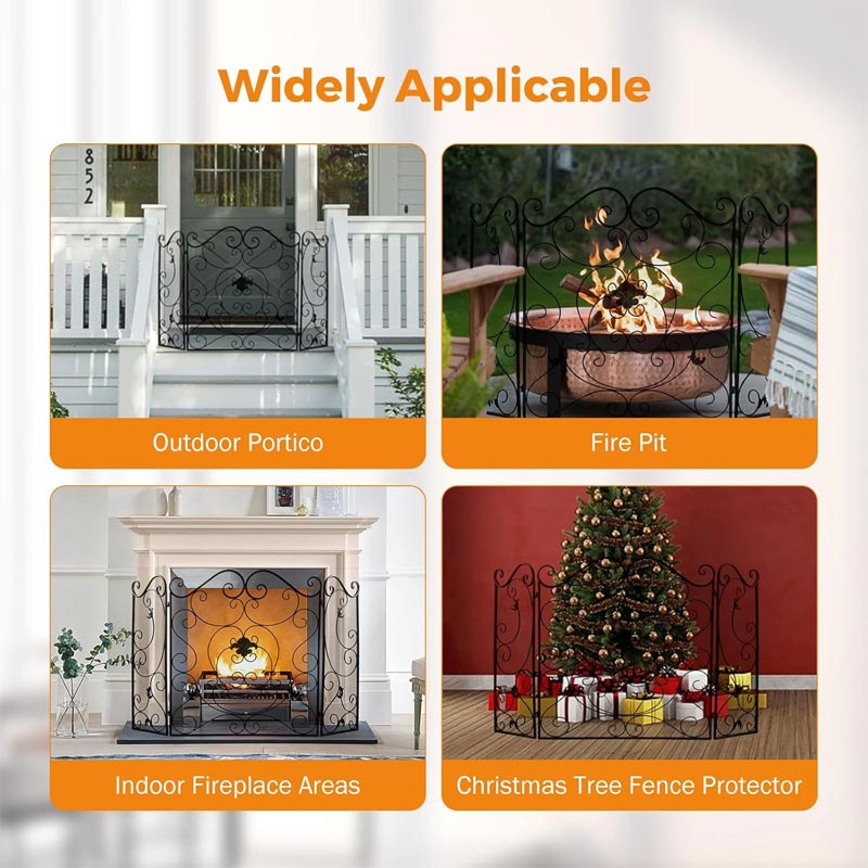 BowLift | Wrought Iron Floor-Standing Fireplace Tri-Fold Screen, Fence Home Stove Partition Fire Cover
