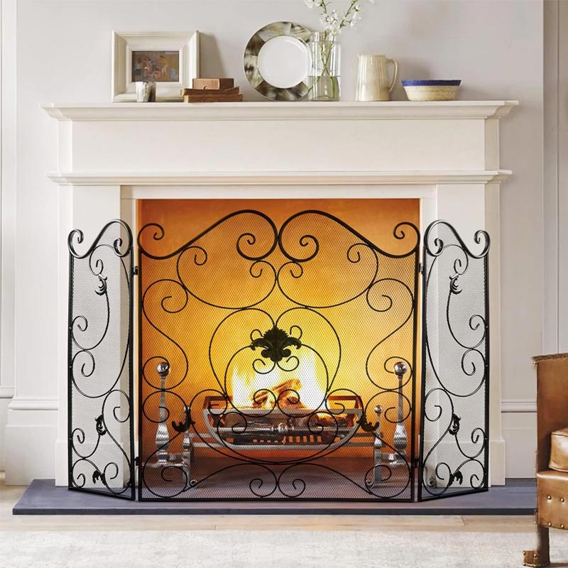 BowLift | Wrought Iron Floor-Standing Fireplace Tri-Fold Screen, Fence Home Stove Partition Fire Cover