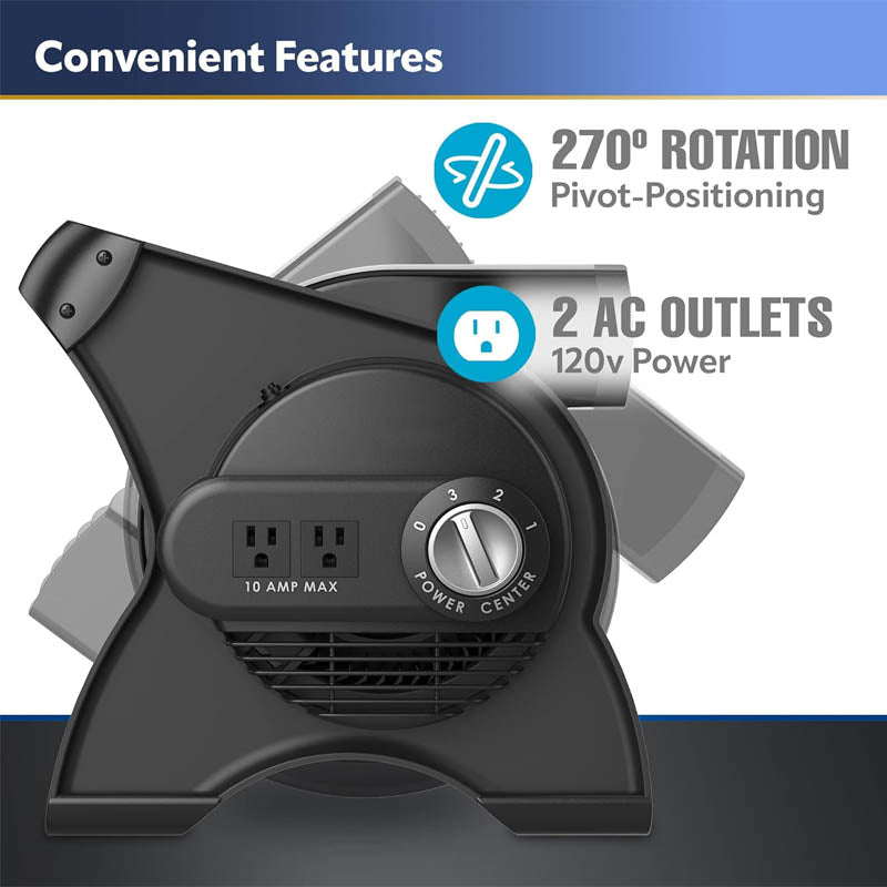 BowLift | 12” Floor Blower 289 CFM High Velocity Floor Blower 3 Speeds, 2 Accessory Outlets 120V, Black