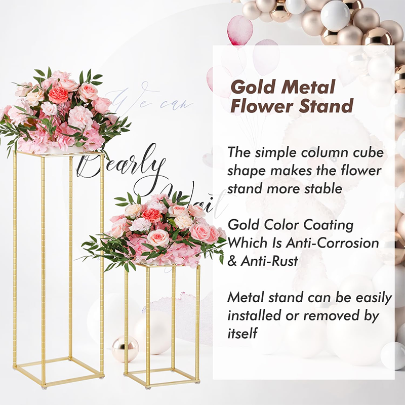 BowLift | Wedding Flower Stand 2Pcs Gold Flower Stand for Wedding, Metal Column Vases Stand Shiny Gold Wedding Flower Stand, Rectangular Flower Display Rack for Wedding Party Birthday Events Reception (31.5 inch Tall)