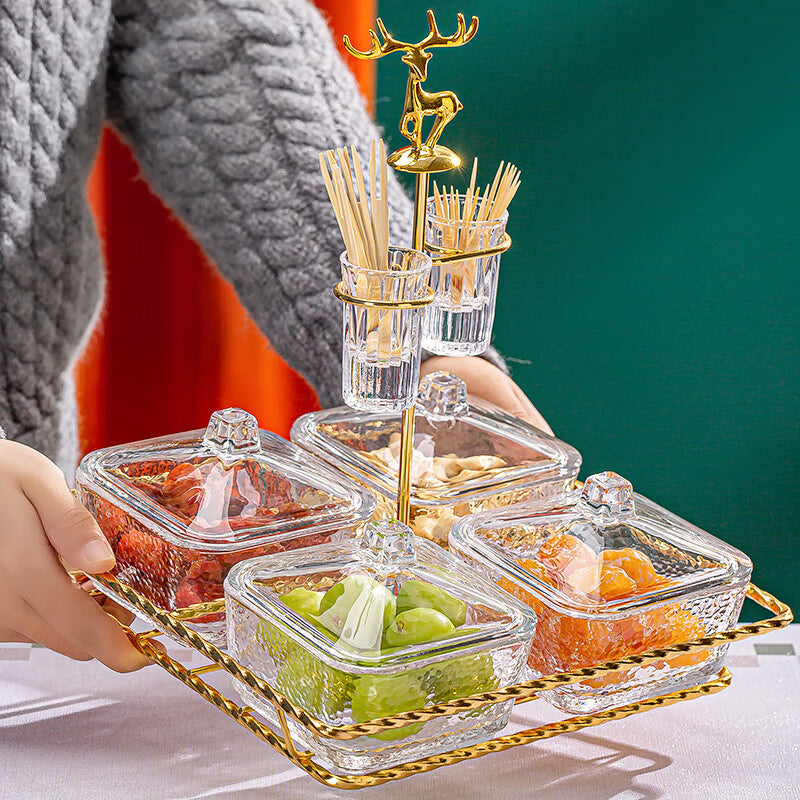 BowLift | Yulu Ping An Snack Plate Dry Fruit Plate With Cover Creative Home Living Room Candy Plate Glass Snack Plate Melon Seed Plate