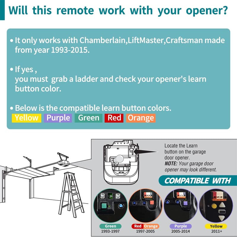 BowLift | 2 Garage Door Opener Remote with key chain included ,Built-in LED transmitting & low battery indicator