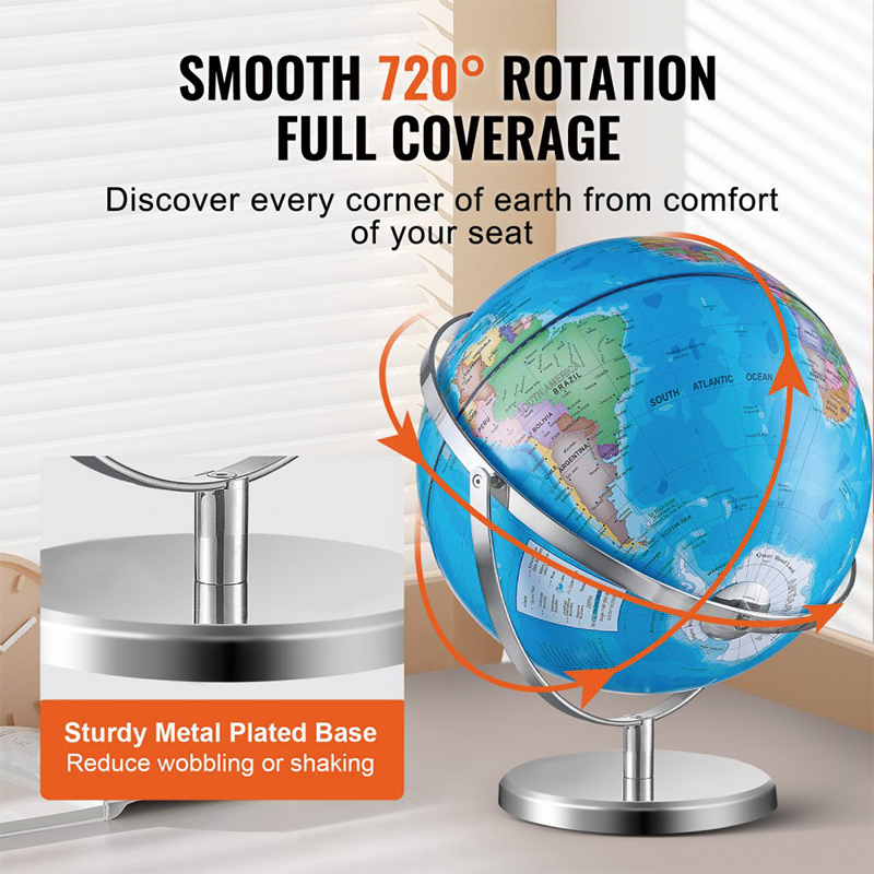 BowLift | 13" World Globe with Stand, 720° Swivels in All Directions,Geographic/Decorative Desktop Decoration World Globe Map with Clear Text for Home, School, Office