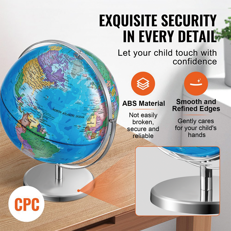 BowLift | 13" World Globe with Stand, 720° Swivels in All Directions,Geographic/Decorative Desktop Decoration World Globe Map with Clear Text for Home, School, Office
