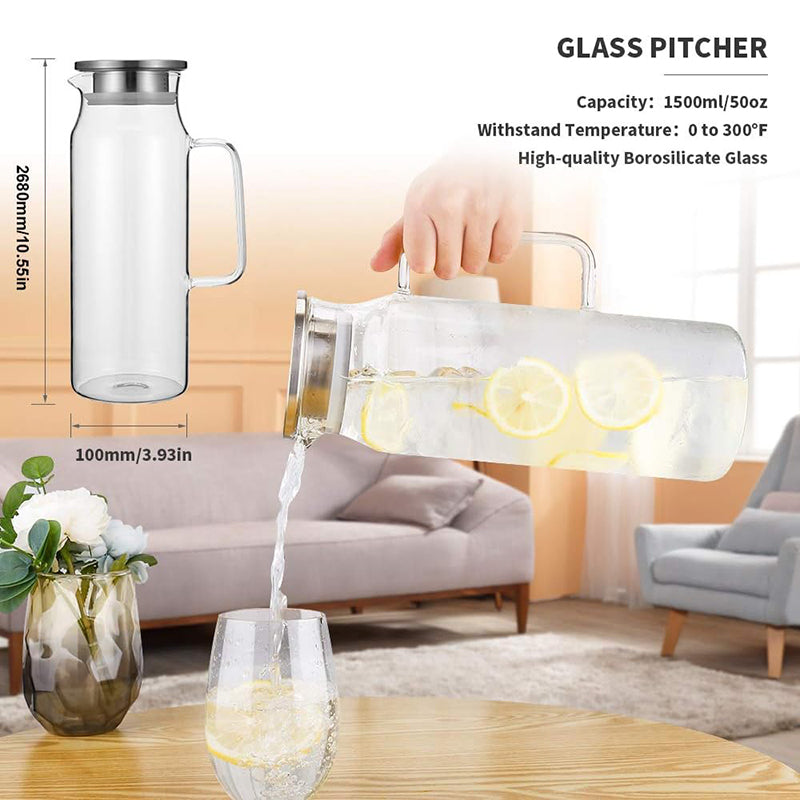 BowLift | 1500ml Water Pitcher Glass Pitcher with Lid and Handle Pitcher for Ice Tea and Homemade Juice Glass Carafe for Hot/Cold Water