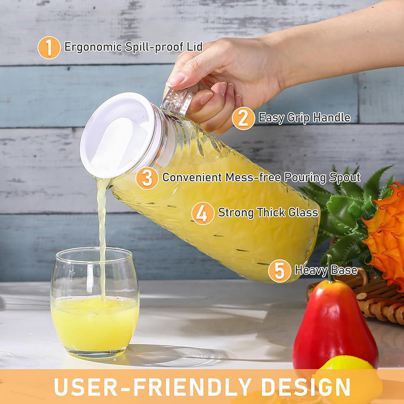 BowLift | 1.1L 2 Pcs Glass Pitcher with Lid Fridge Pitcher with Handle Glass Water Pitcher Juice Containers Milk Jug