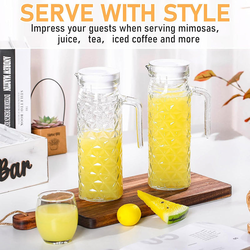 BowLift | 1.1L 2 Pcs Glass Pitcher with Lid Fridge Pitcher with Handle Glass Water Pitcher Juice Containers Milk Jug