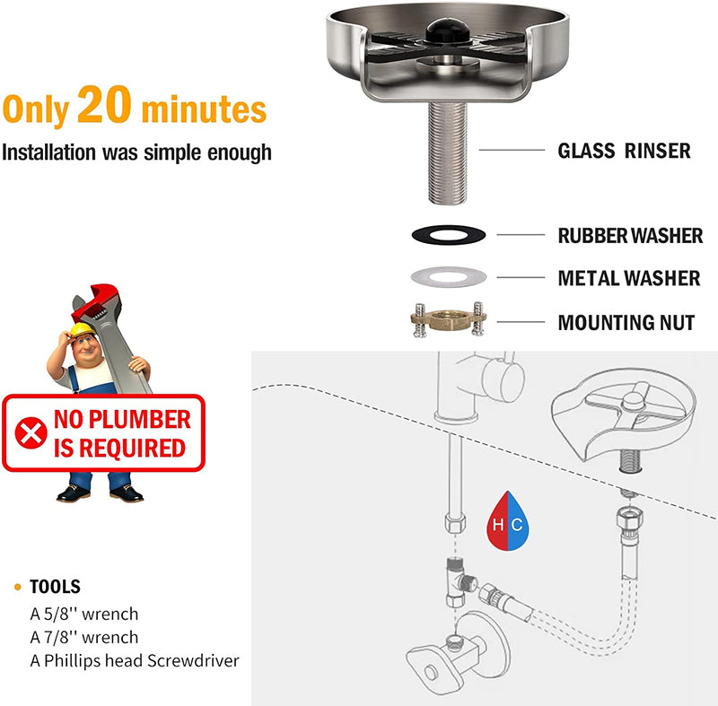 BowLift | Stainless Steel Metal Faucet Glass Rinser for Kitchen Sinks,Bottle Washer,Kitchen Sink Accessories