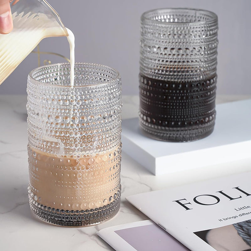BowLift | 15Oz Drinking Glasses Set of 8, Vintage Glassware Sets for Kitchen and Bar Beaded Glass Cups, Clear Bubble Glassware Sets