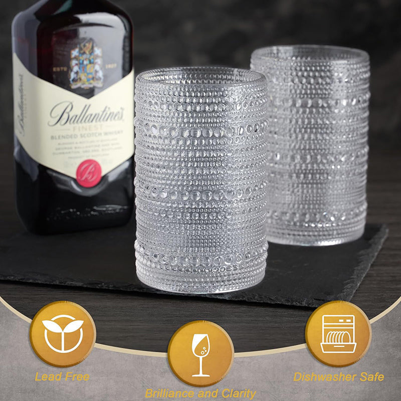 BowLift | 15Oz Drinking Glasses Set of 8, Vintage Glassware Sets for Kitchen and Bar Beaded Glass Cups, Clear Bubble Glassware Sets