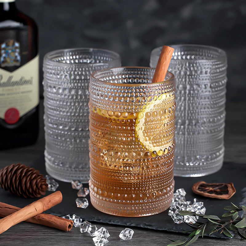 BowLift | 15Oz Drinking Glasses Set of 8, Vintage Glassware Sets for Kitchen and Bar Beaded Glass Cups, Clear Bubble Glassware Sets