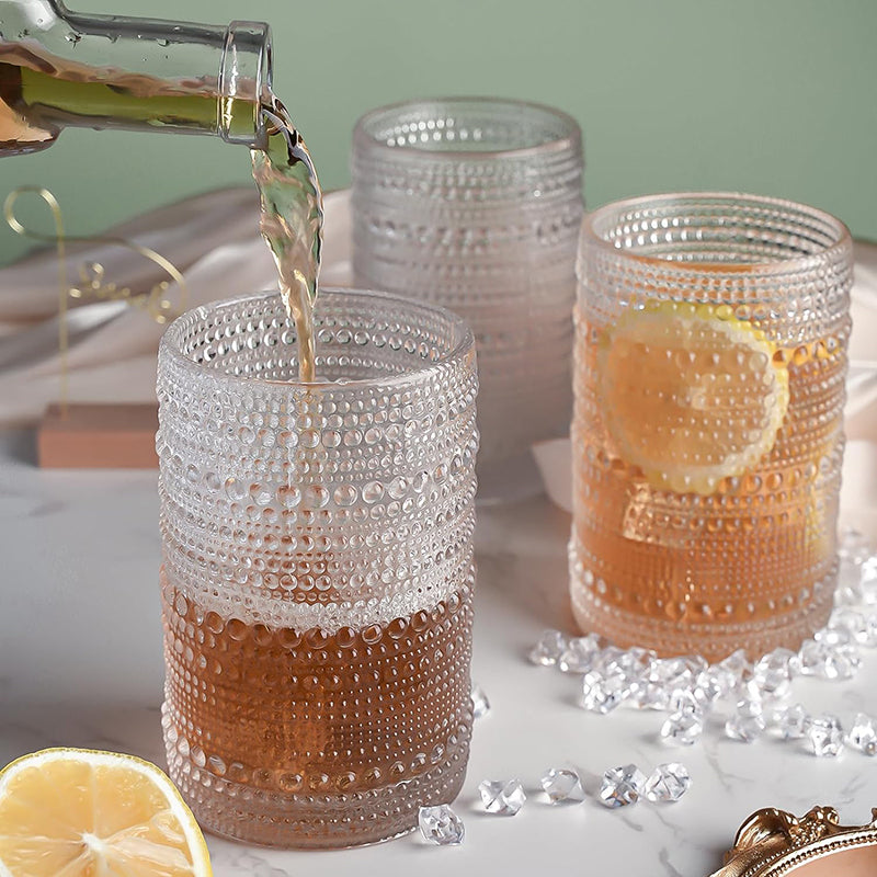 BowLift | 15Oz Drinking Glasses Set of 8, Vintage Glassware Sets for Kitchen and Bar Beaded Glass Cups, Clear Bubble Glassware Sets