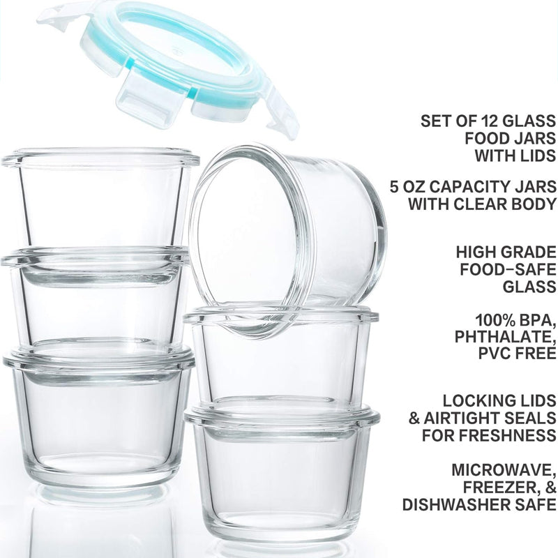BowLift | 12-Pack, 5oz Mini Glass Food Storage Containers, Small Glass Jars With Locking Lids, Food Containers, Airtight, Freezer, Microwave, Oven & Dishwasher Friendly