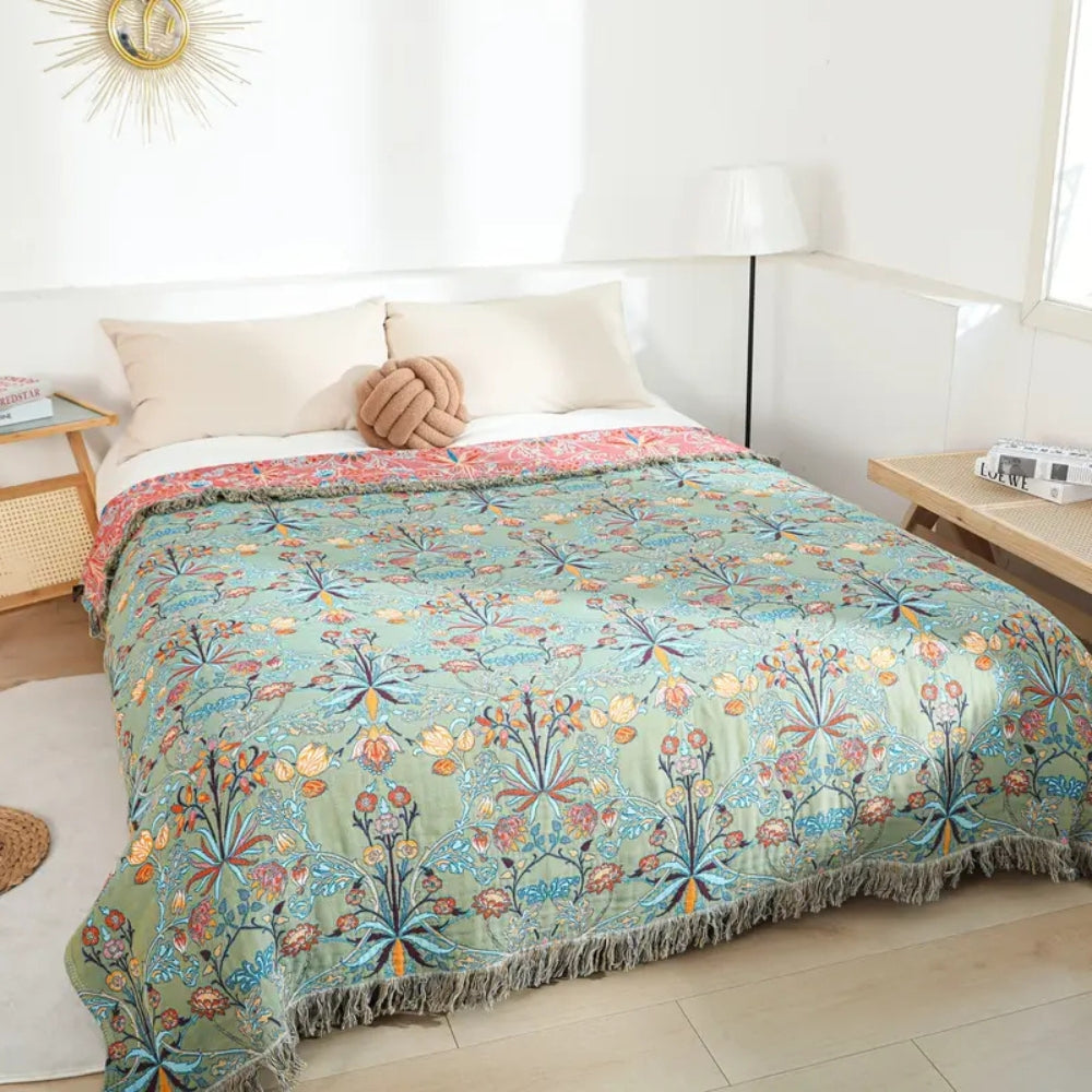 BowLift | Greenery Floral Cotton Tassel Blanket