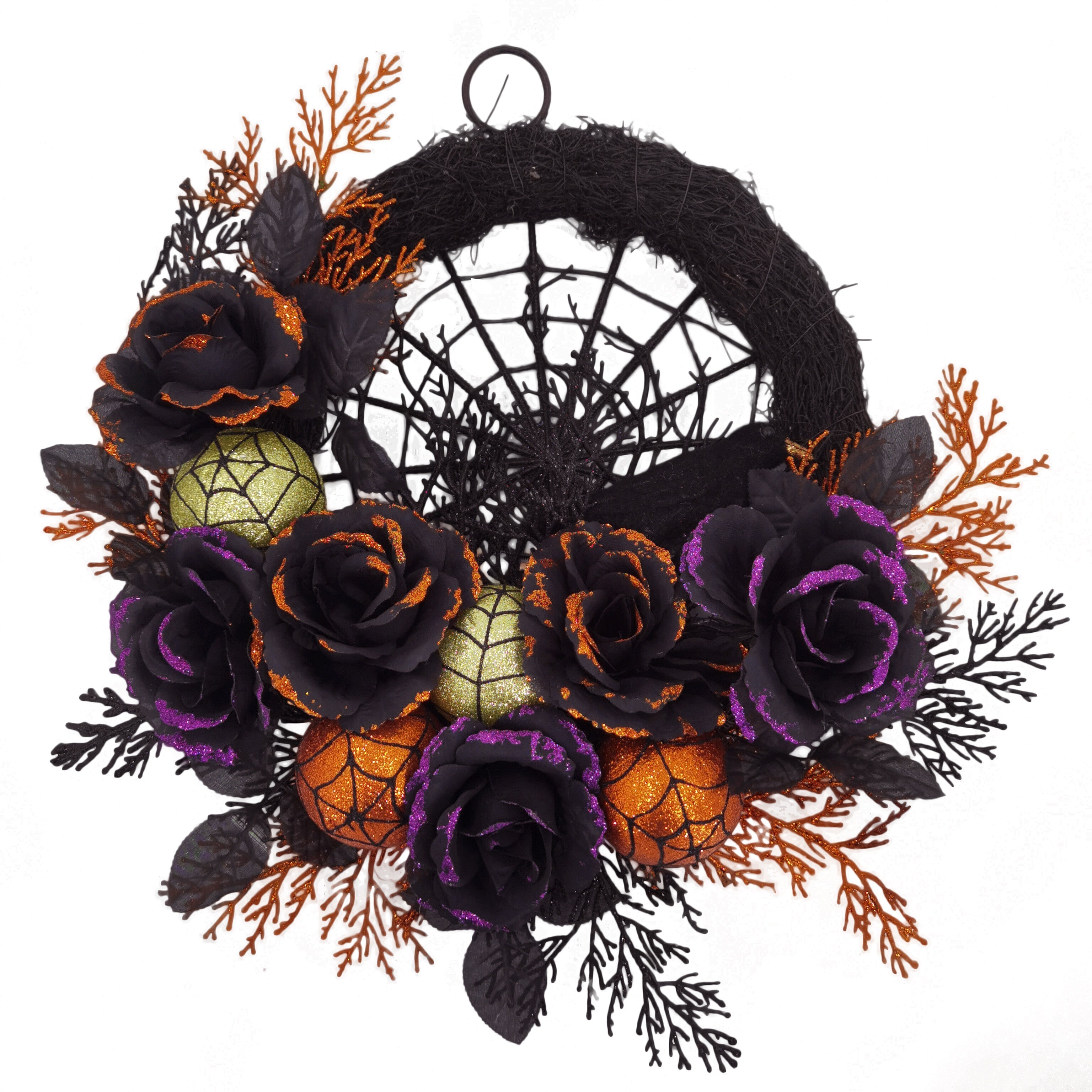 BowLift | Halloween Gothic Floral Wreath - Black Roses & Spiderweb Front Door Decor with Glitter Accents