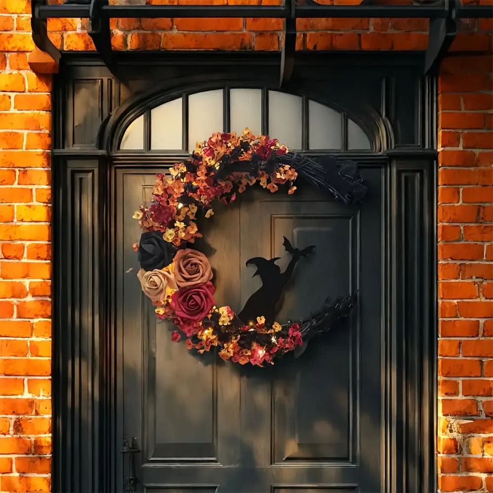 BowLift | Rustic Witch Crescent Moon Floral Wreath for Halloween Door Décor