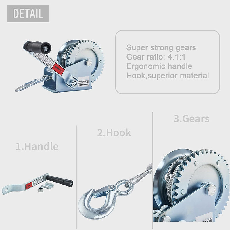 BowLift | 1600lbs Hand Winch Boat Winch with 10m Cable Manual Winches Adjustable Corrosion Resistant Towing Winches