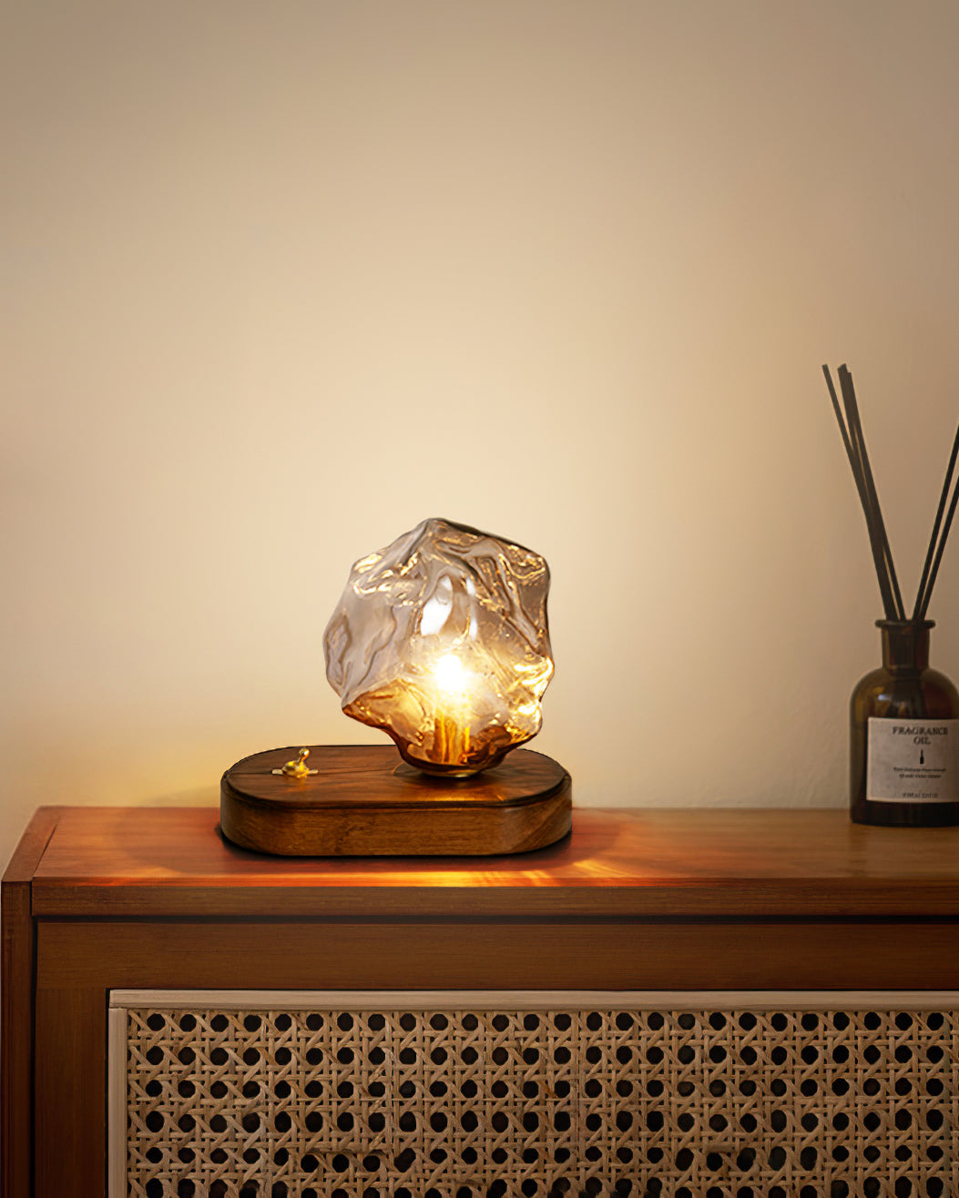 BowLift | RusticLume – Amber Glass and Wooden Table Lamp