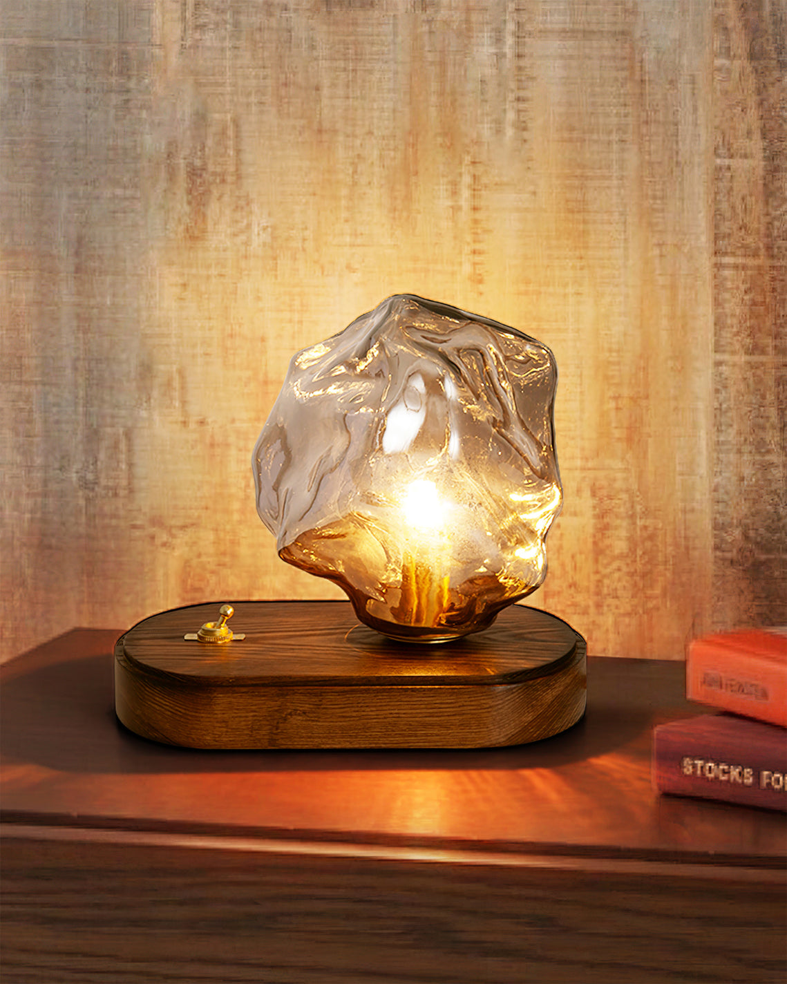 BowLift | RusticLume – Amber Glass and Wooden Table Lamp