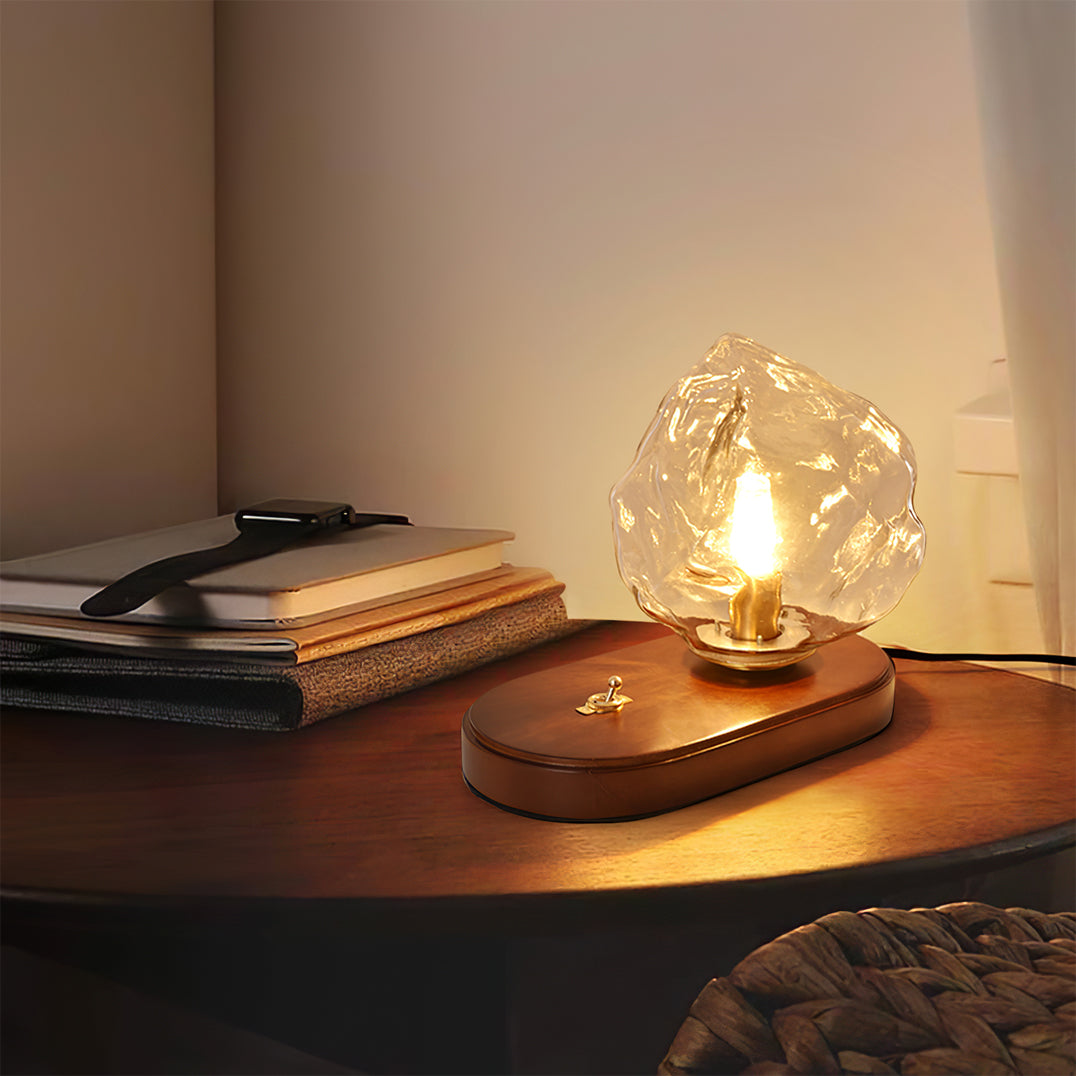 BowLift | RusticLume – Amber Glass and Wooden Table Lamp