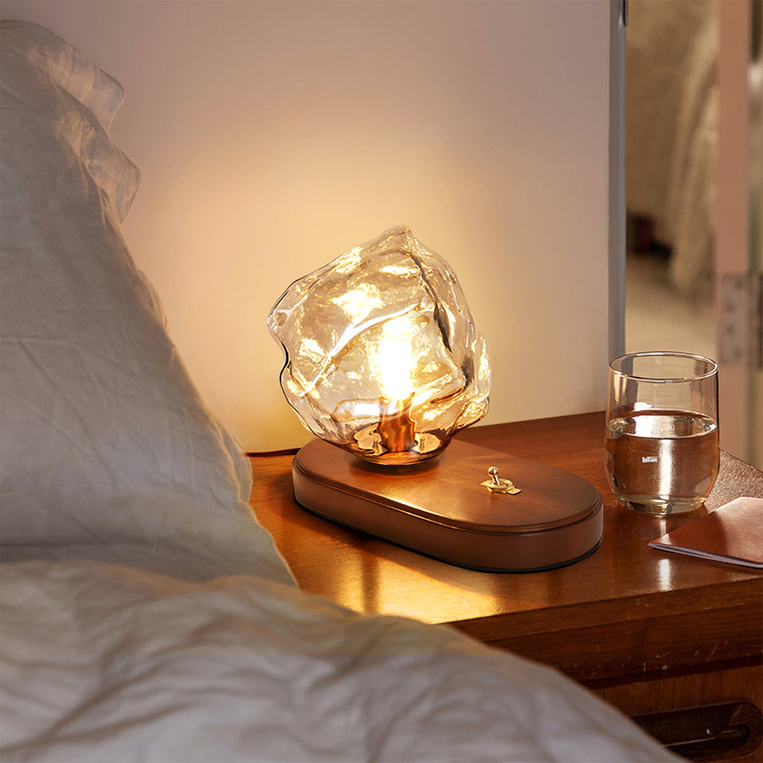 BowLift | RusticLume – Amber Glass and Wooden Table Lamp