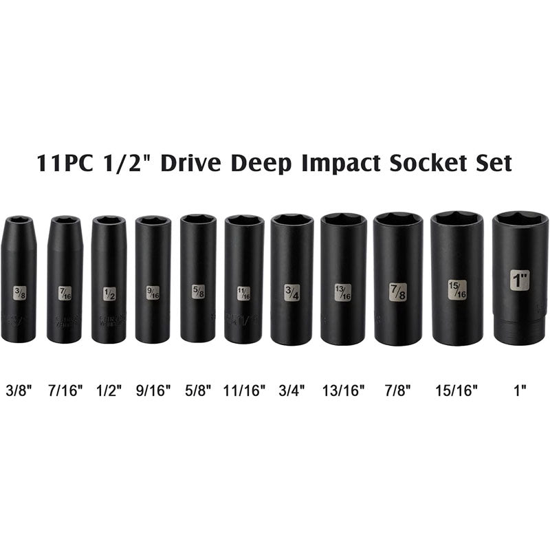 BowLift | 11 Pieces 1/2-Inch Drive Deep Impact Socket Set 6 Point CR-V Alloy Steel 3/8-Inch to 1-Inch