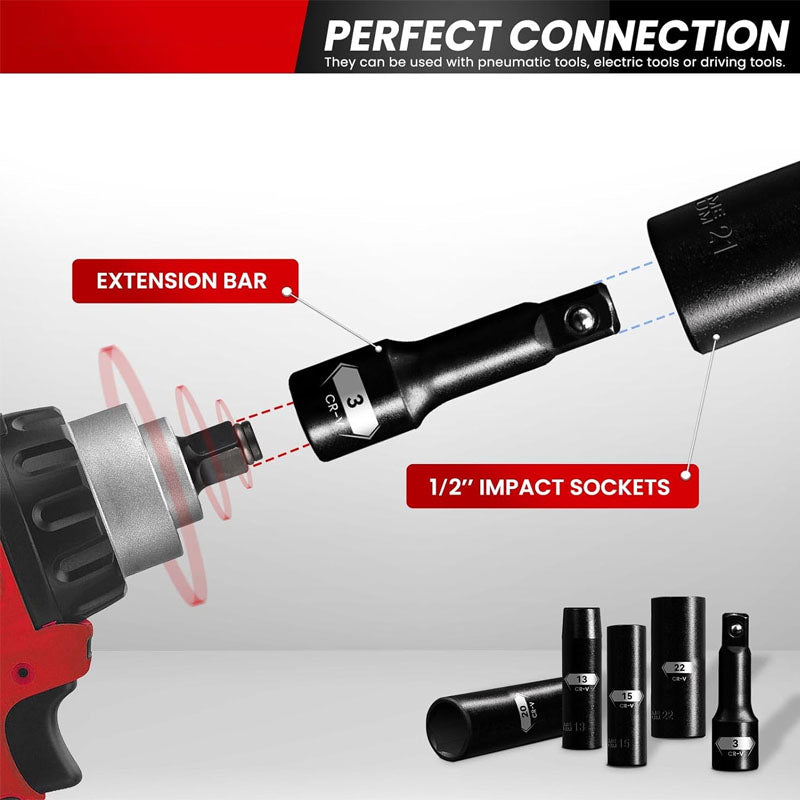 BowLift | 18PCS 1/2-Inch Impact Deep Well Metric Socket Set Metric 10-24mm Include 3" 5" 10" Extension Bars 6 Point Chrome Vanadium Steel Socket Set