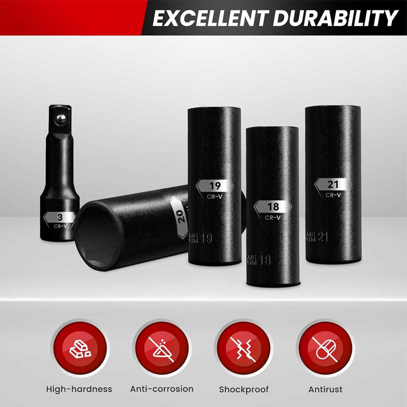 BowLift | 18PCS 1/2-Inch Impact Deep Well Metric Socket Set Metric 10-24mm Include 3" 5" 10" Extension Bars 6 Point Chrome Vanadium Steel Socket Set