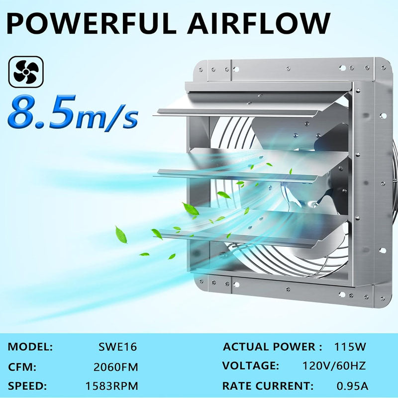BowLift | 16 inch Industrial Ventilation Extractor Shutter Exhaust Fan For Greenhouse Shed Shop Garage