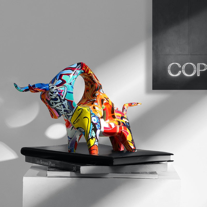 BowLift | Colourful Bull Sculpture – Modern Resin Statue with Graffiti Art Design