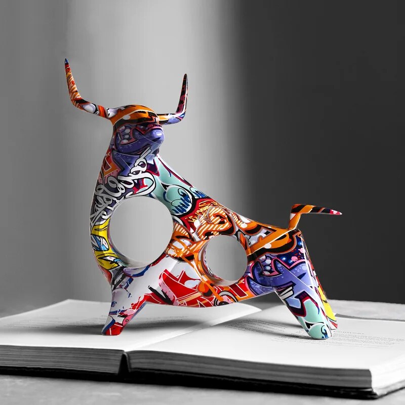 BowLift | Colourful Bull Sculpture – Modern Resin Statue with Graffiti Art Design