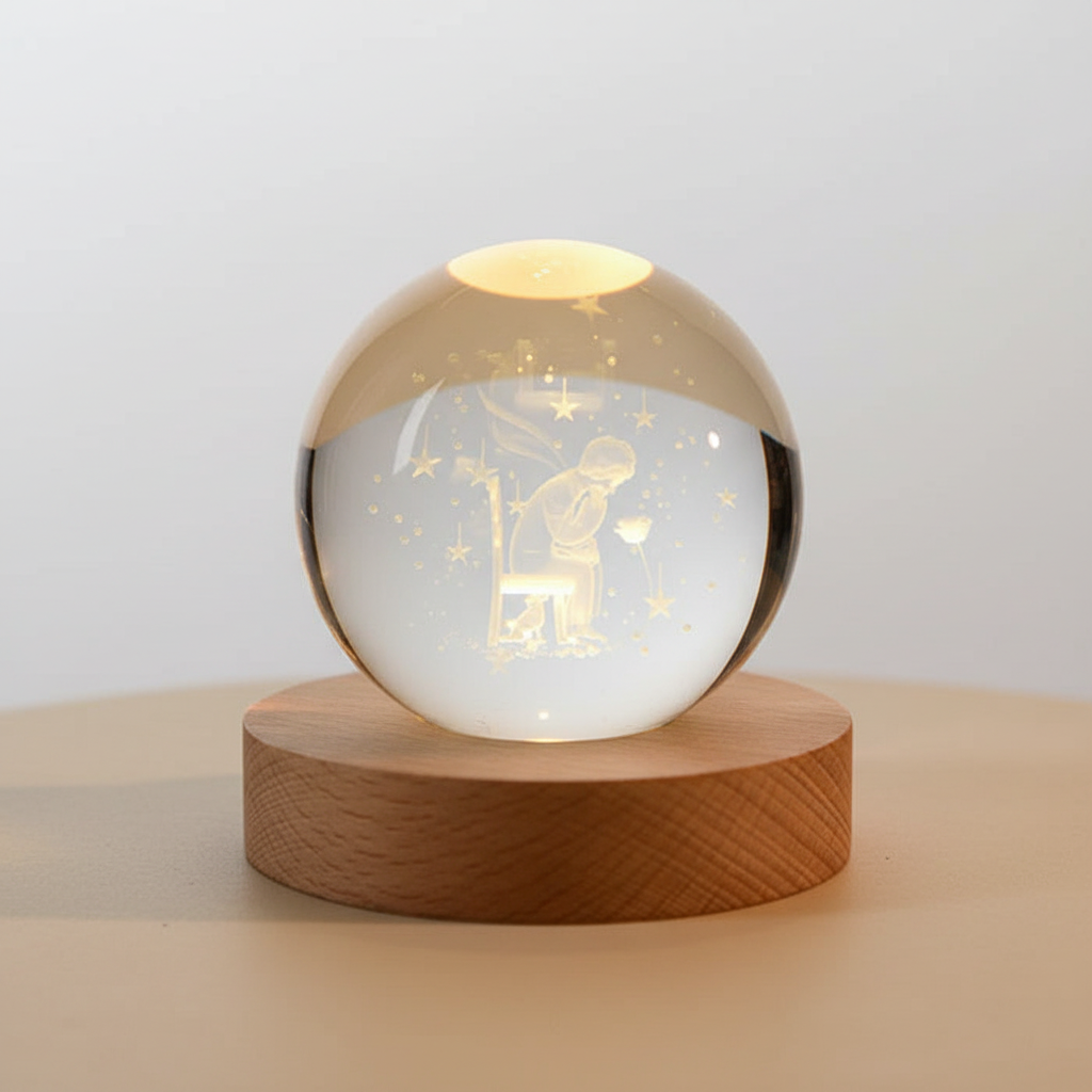 BowLift | AstroGlobe 3D Lamp – Spherical Wooden Table Lamp with Warm LED Light and Planet Design