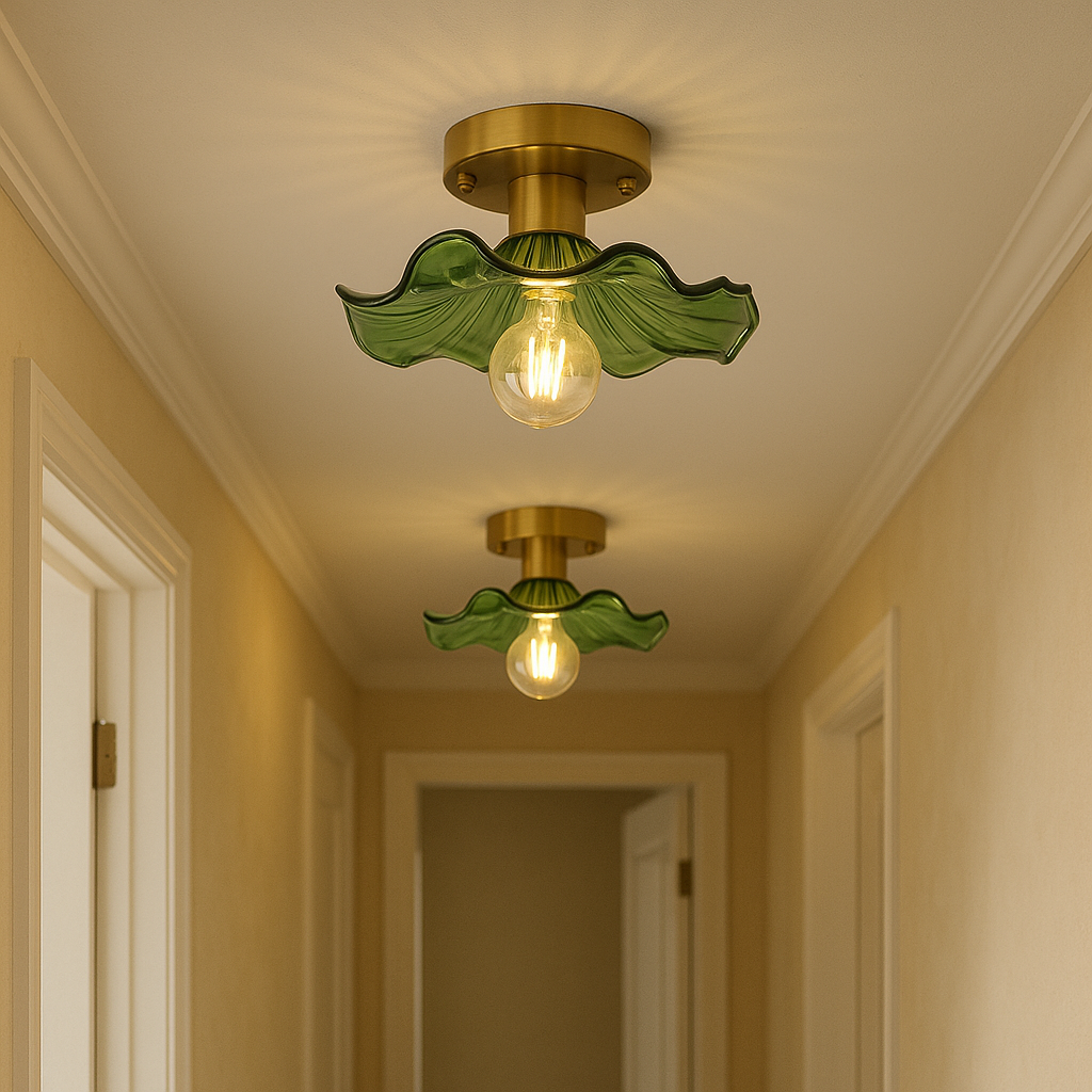 BowLift | Hibiscus Ceiling Lamp with Green Glass and Brass Finish – Modern LED Lamp for Living Room and Bedroom