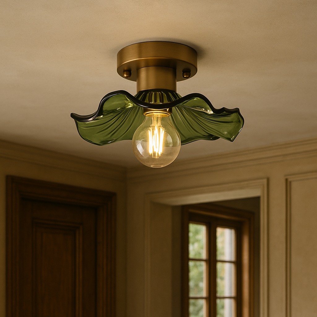 BowLift | Hibiscus Ceiling Lamp with Green Glass and Brass Finish – Modern LED Lamp for Living Room and Bedroom