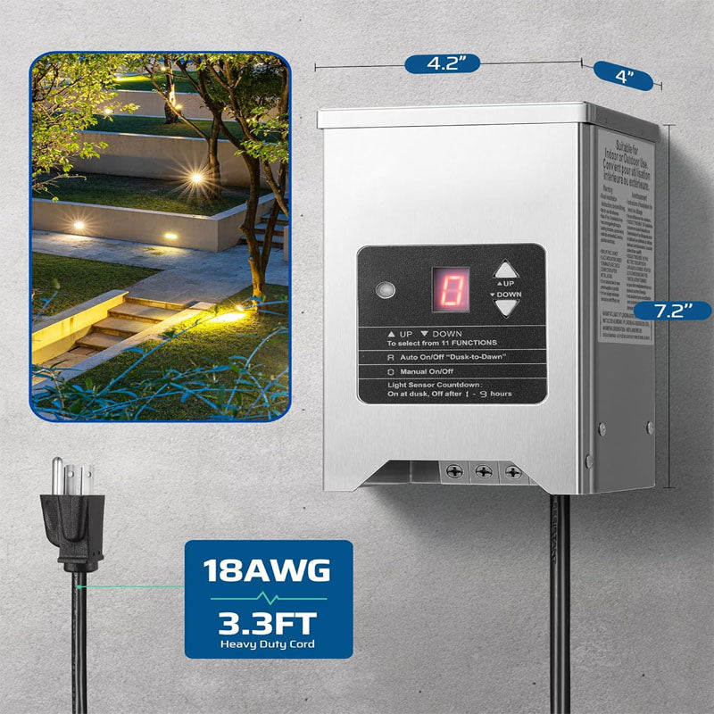 BowLift | 150W Lighting Safety Transformer with Photocell Sensor & Timer Outdoor Waterproof Transformer for LED Lighting Spotlight