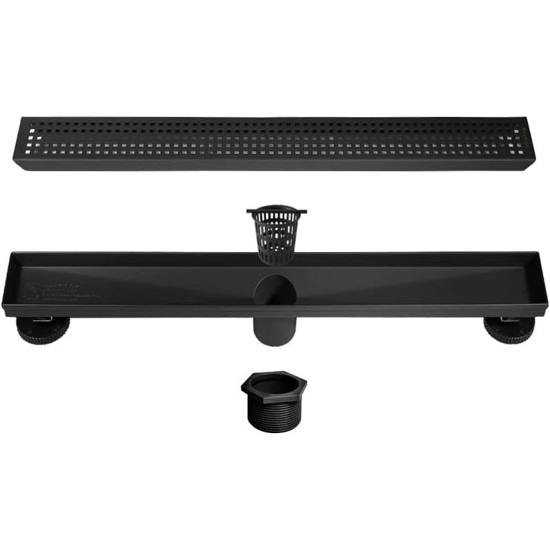 BowLift | 18-Inch Linear Shower Drain with Quadrato Pattern Grate Hair Strainer Shower Drain Base Stainless Steel Linear Drain