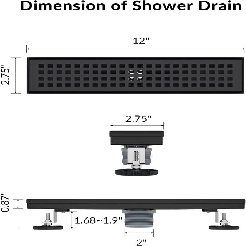 BowLift | 12 Inch Linear Shower Drain with Removable Grate Matte Black Shower Drain with Accessories CUPC Certified Stainless Steel