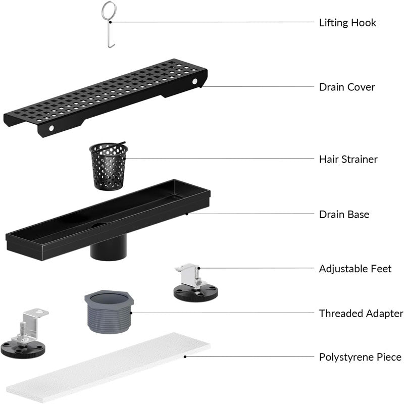 BowLift | 12 Inch Linear Shower Drain with Removable Grate Matte Black Shower Drain with Accessories CUPC Certified Stainless Steel